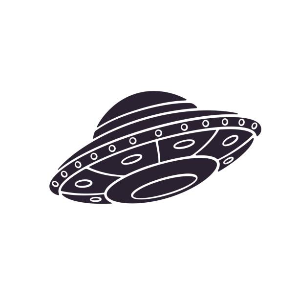 1011_sticker_ufo Vector illustration. Silhouette of toy UFO space ship. Alien space ship. Futuristic unknown flying object. Isolated  pattern on white background ufo stock illustrations