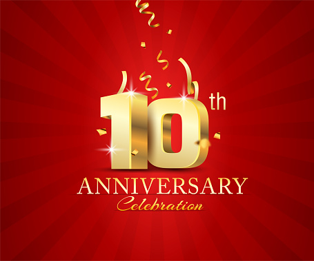 10th 3d Anniversary celebration banner with festival confetti on red abstract background