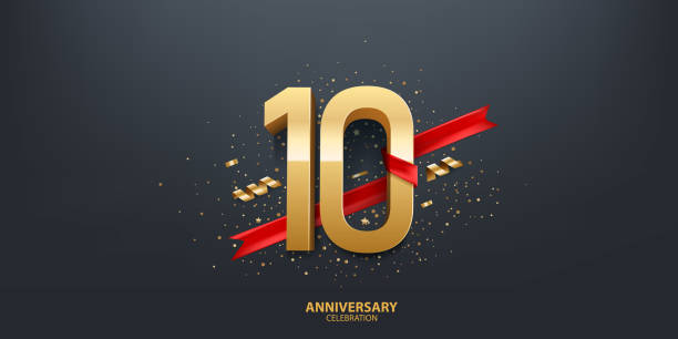 10th Year Anniversary Background 10th Year anniversary celebration background. 3D Golden number wrapped with red ribbon and confetti on black background. number 10 stock illustrations