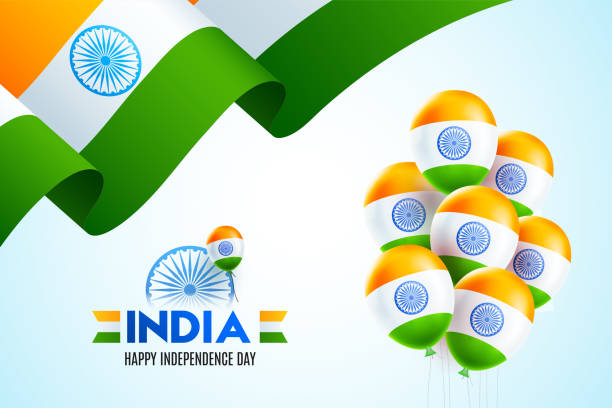 15th of August Independence Day of India with wavy flag design and belloons on sky blue background 15th of August Independence Day of India with wavy flag design and belloons on sky blue background republicanism stock illustrations