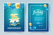 istock 15th years birthday vector invitation double card. Fifteen years anniversary celebration brochure. Template of invitational for print on blue background 1302660153