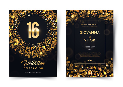 16th years birthday vector black paper luxury invitation double card. Sixteen years wedding anniversary celebration brochure. Template of invitational for print on dark background with bokeh lights