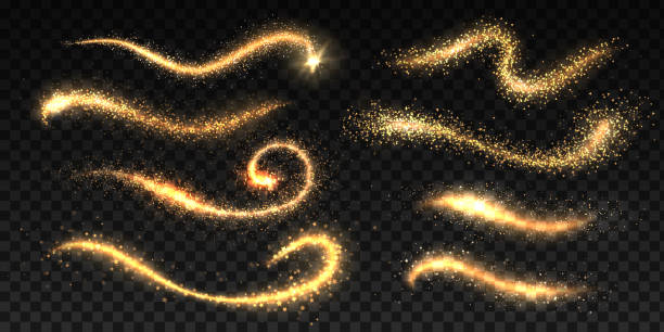 ilustrações de stock, clip art, desenhos animados e ícones de 1808.m10.i312.n005.p.c25.414148510 golden star trail. magic gold stardust with glitter effect. meteor or firework shine lines. vector isolated set - dust