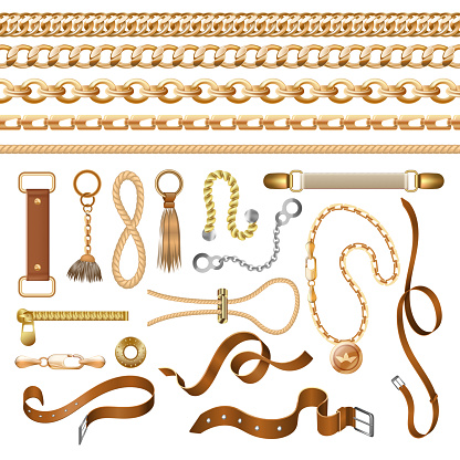 1904.m30.i030.n007.P.c25.1221071986 Chains and braids. Bracelets leather belts and golden furniture elements, ornamental jewellery set. Vector fabric and buckle set