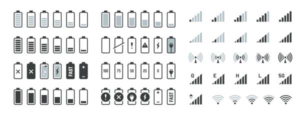 ilustraciones, imágenes clip art, dibujos animados e iconos de stock de 1906.m30.i020.n014.f.c06.1017399868 iconos de la batería. nivel de carga negro gsm y wifi intensidad de la señal, conjunto de elementos de la interfaz de usuario del teléfono inteligente. estado de carga baja y vacía de vectores - batería