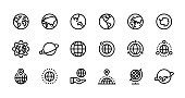 Globe line icons. World sphere with longitude and latitude, travel and destination concept. Vector web interface outline symbols set for business concept flights with outlines continents on globe