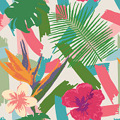istock 1980s Casual Brushy Tropical Plant and Flower Seamless Pattern 1327339978