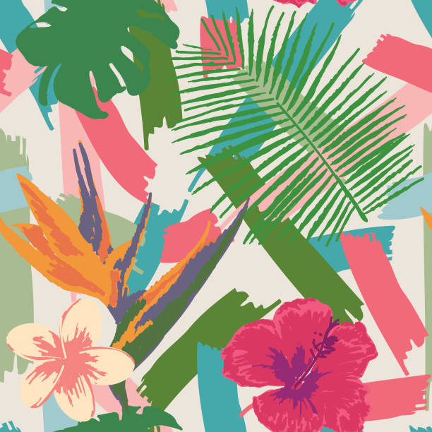 bildbanksillustrationer, clip art samt tecknat material och ikoner med 1980s casual brushy tropical plant and flower seamless pattern - palettblad