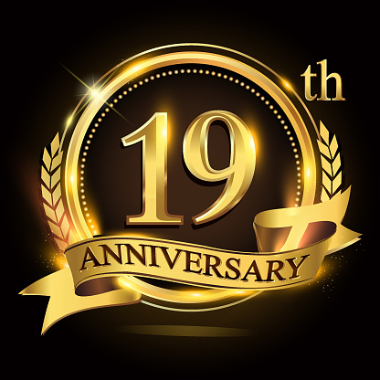 19th golden anniversary logo with ring and ribbon, laurel wreath vector design.