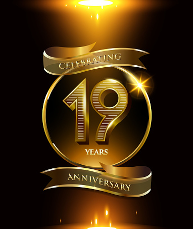 19th years anniversary logo with golden ring and ribbon colored isolated on black background, vector design for party greeting card and invitation card. celebration logotype template