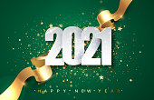 2021Green Christmas, New Year background . Greeting card or poster with happy new year 2021 with gold glitter and shine. Vector illustration for web.
