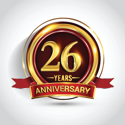26th golden anniversary logo with ring and red ribbon isolated on white background