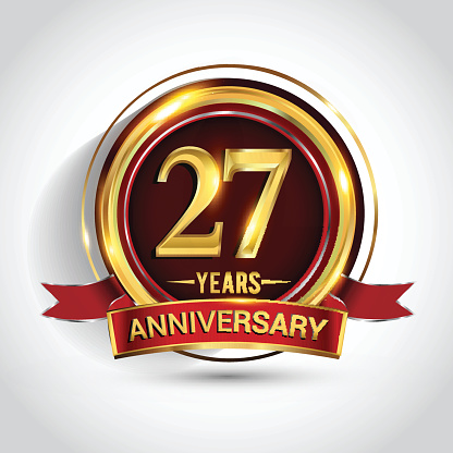 27th golden anniversary logo with ring and red ribbon isolated on white background