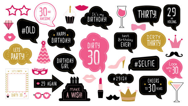 30th thirty birthday photo booth props set Photo booth props set for 30th birthday party. Happy dirty thirty 30. Mustache, funny phrases, glasses, lips, crown, cake for anniversary. Bubble speech. Photobooth elements. speech bubble photos stock illustrations