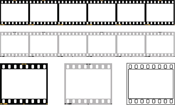35mm film strip 6 frame 35mm film strip in color and b&w film types. Also individual frames and an outline frame. Accurate sprocket hole proprtions! Frames numbered 1 - 6 and 1a - 5a, fake barcode and iso 100 marking. Zip file contains eps (vetor)and hi res jpg version. 20th century style stock illustrations