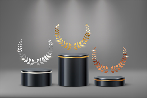 3d black cylinder podium set, pipe platforms with gold, silver and copper laurel wreath