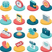 A set of 16 isometric business related icons.