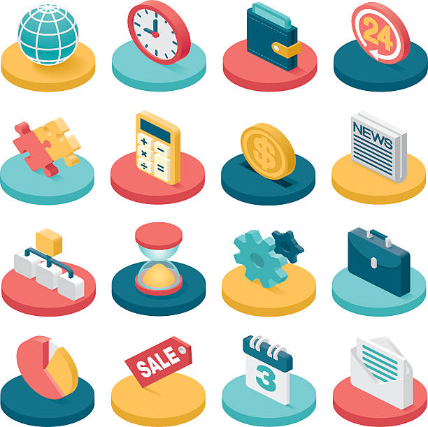 3d business icons A set of 16 isometric business related icons. cool blue world stock illustrations
