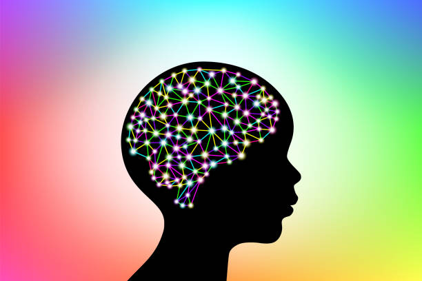 3d digital neuro multicolored colorful glowing human brain with child head black silhouette 3d digital neuro multicolored colorful glowing particles lines and dots plexus structure human brain on child head black silhouette, stock vector illustration design element on gradient background memories stock illustrations