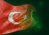 vector 3d flag on green background with polygons and data numbers,  Turkey