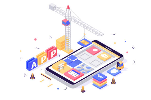 3d isometric build mobile application with search, message, setting, book icons, crane, forklift. 3d isometric build mobile application with search, message, setting, book icons, crane, forklift. Concept abstract program development with construction equipment. Low poly. Vector illustration. low stock illustrations