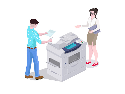 3d Isometric Composition Man And A Woman In The Office Print And Copy The  Files On The Printer Stock Illustration - Download Image Now - iStock