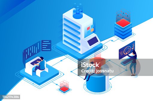 istock 3d isometric nodal data center with workspace, diagram and laptop. 1142114386