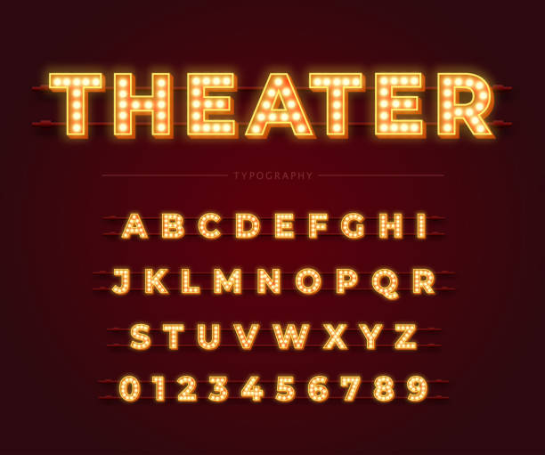 3d light bulb alphabet with gold frame isolated on dark red background. 3d light bulb alphabet with gold frame isolated on dark red background. Theater style retro glowing font. Vector illustration. movie theater stock illustrations