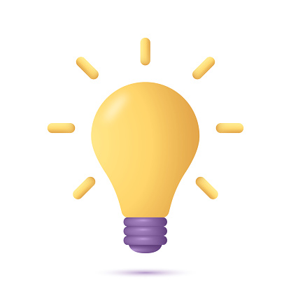 3d light bulb icon in cartoon style. 3D electric lightbulb with rays of light. Concept of idea emergence, solution, business. Vector illustration.