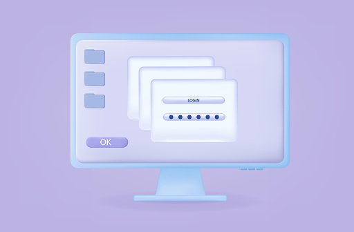 3d modal pop up window. User interface with login and password confirmation. Button ok. Desktop with many open tabs. Operating system or browser error concept. Popup notification. Vector illustration