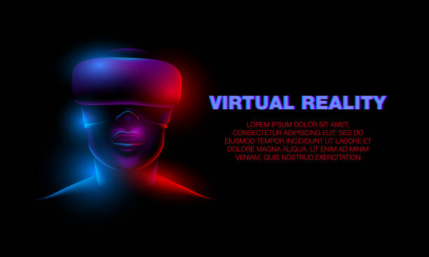 3d neon weibliches gesicht mit virtual-reality-brille. mädchen und virtual-reality-technologie-banner. - vr brille stock-grafiken, -clipart, -cartoons und -symbole