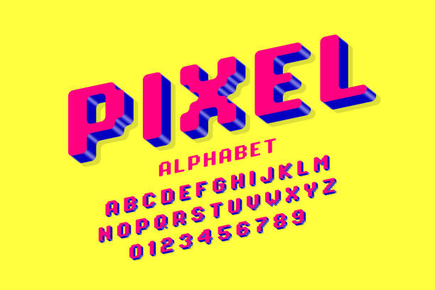 3d pixel style make Pixel font, 3d retro video game style alphabet letters and numbers byte stock illustrations