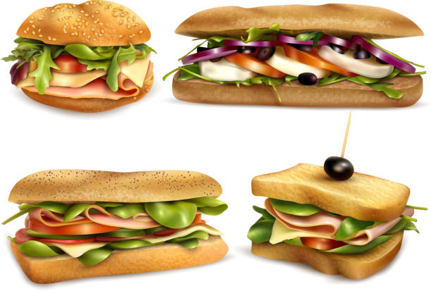 3d realistic sandwich set Fresh healthy whole grain sandwiches set with cheese ham mozzarella tomatoes onion and olives realistic vector illustration sandwich stock illustrations