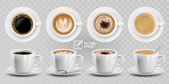 3d realistic vector isolated white cups of coffee with spoon, top and side view, cappuccino, americano, espresso, mocha, latte, cocoa