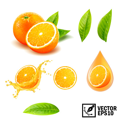 3d realistic vector set of elements ( whole orange, sliced orange, splash orange juice, drop orange oil, leaves). Editable handmade mesh