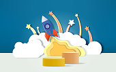 istock 3d render podium with space shuttle concept background for kids or baby product display. 1353948560