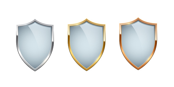 3d shield set with glass, crystal or acrylic cover and gold, silver and copper frame vector illustration. Realistic emblem of strong digital protection, security screen to protect against weapons