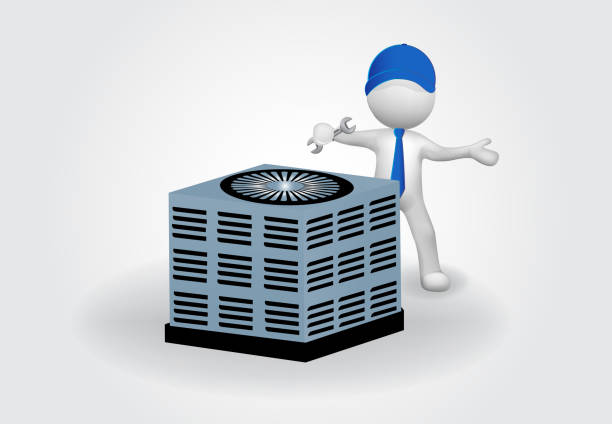 3d Small People fixing an air conditioning unit 3d Small People fixing an air conditioning. Maintenance concept mini fan stock illustrations
