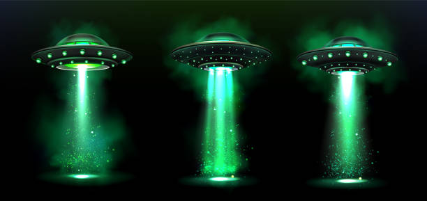 3d ufo, ışık ışını ile vektör yabancı uzay gemileri - ufo stock illustrations