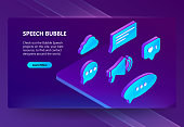 3d vector isometric icons of speech bubbles on the website page isolated on an ultra violet background. Templates for online communication, contacts, conversation, message