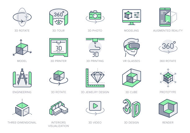3d vr design line icons. Vector illustration included icon - virtual augmented reality, glasses, ar simulator, printer, prototype outline pictogram for ar. 64x64 Green Color Editable Stroke 3d vr design line icons. Vector illustration included icon - virtual augmented reality, glasses, ar simulator, printer, prototype outline pictogram for ar. 64x64 Green Color Editable Stroke. 3d icons stock illustrations