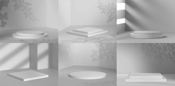 illustrations, cliparts, dessins animés et icônes de maquettes de podium blanc 3d avec lumière de fenêtre et laisse des ombres. plates-formes de scène pour l’affichage de produits cosmétiques. jeu de modèles vectoriels de stand de vente - fond studio minimaliste beton
