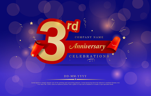 3rd Anniversary celebration. Celebrating 3 years logo with confetti in Blue Background. Golden number 3 with sparkling confetti.