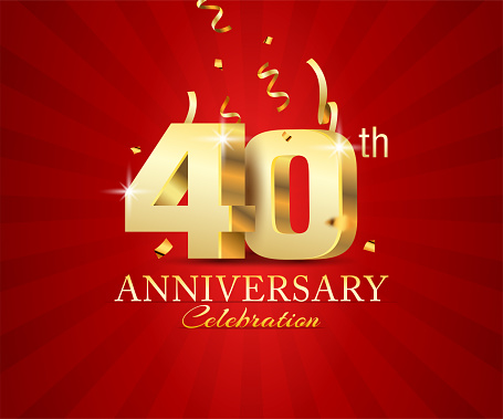 40th 3d Anniversary celebration banner with festival confetti on red abstract background
