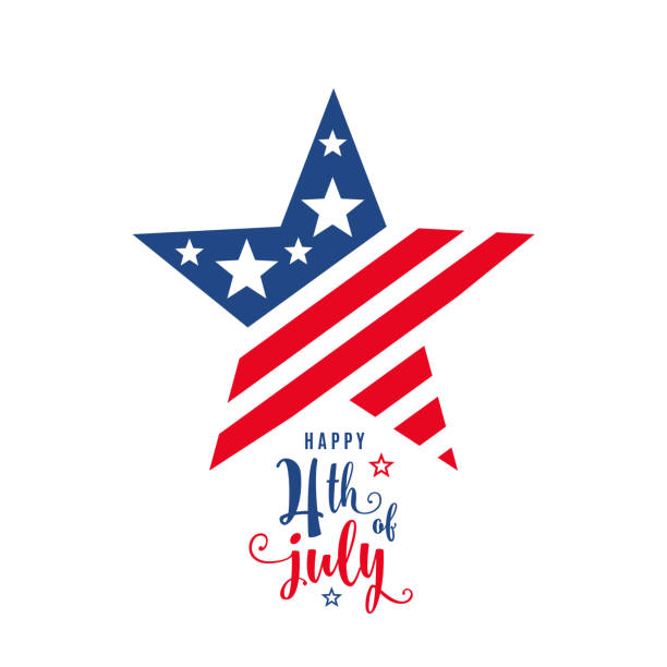 ilustraciones, imágenes clip art, dibujos animados e iconos de stock de 4 de julio celebración día de fiesta la bandera, forma de estrella con tipografía letras texto - july 4