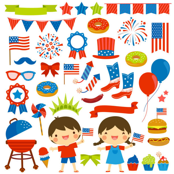 4th of July clip art set 4th of July clip art set with various items and two kids child clipart stock illustrations