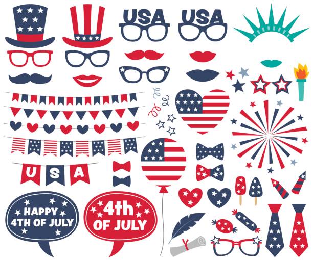 4th of July design elements and photo booth props set 4th of July design elements and photo booth props set balloon clipart stock illustrations
