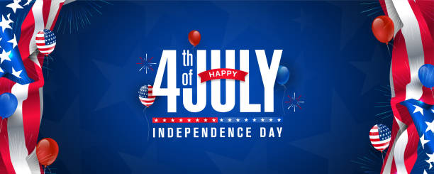 USA 4th of July modern colorful lettering design on navy blue color background with usa flag-waving, firework burst & balloon. Use for sale banner, discount banner, Advertisement banner, postcard, etc. Independence Day is celebrated on the 4th of July of each year in the USA and it is the celebration of the day the United States Of America declared its independence from the control of Great Britain. Independence Day is commonly celebrated with the lighting of fireworks or electronic light shows, music, and outdoor activities the display of the "American" flag, and the display of the USA flag colors red, white, and blue. happy fourth of july stock illustrations