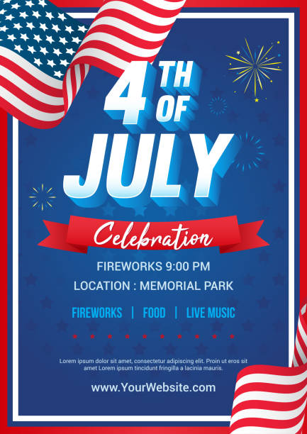 4th of July poster templates Vector illustration, USA flag waving frame with fireworks on blue star pattern background. Flyer design 4th of July poster templates Vector illustration, USA flag waving frame with fireworks on blue star pattern background. Flyer design fourth of july fireworks stock illustrations