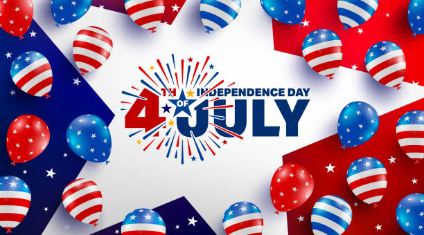 7 月 4 日海報範本。美國獨立日慶祝活動與美國氣球國旗。美國 7 月 4 日宣傳廣告橫幅範本,用於宣傳冊、海報或橫幅。 - july 4 幅插畫檔、美工圖案、卡通及圖標